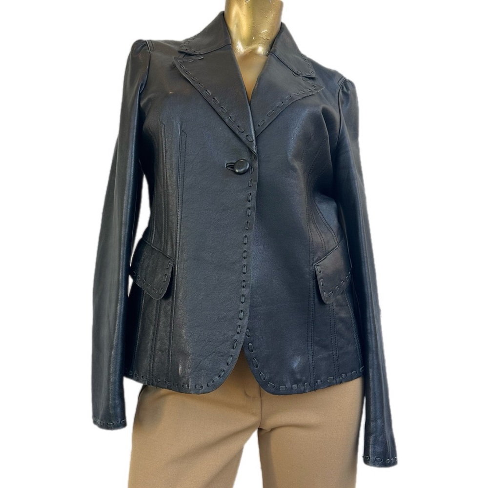 bebe Vintage Y2K Leather Blazer Style Whipstitch Tailored Black Jacket | Size L
